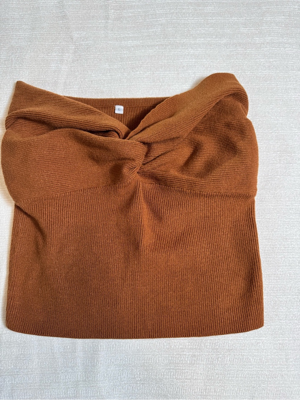 Strapless Brown Ribbed Knit Twist Top Mock Wrap Crop Large